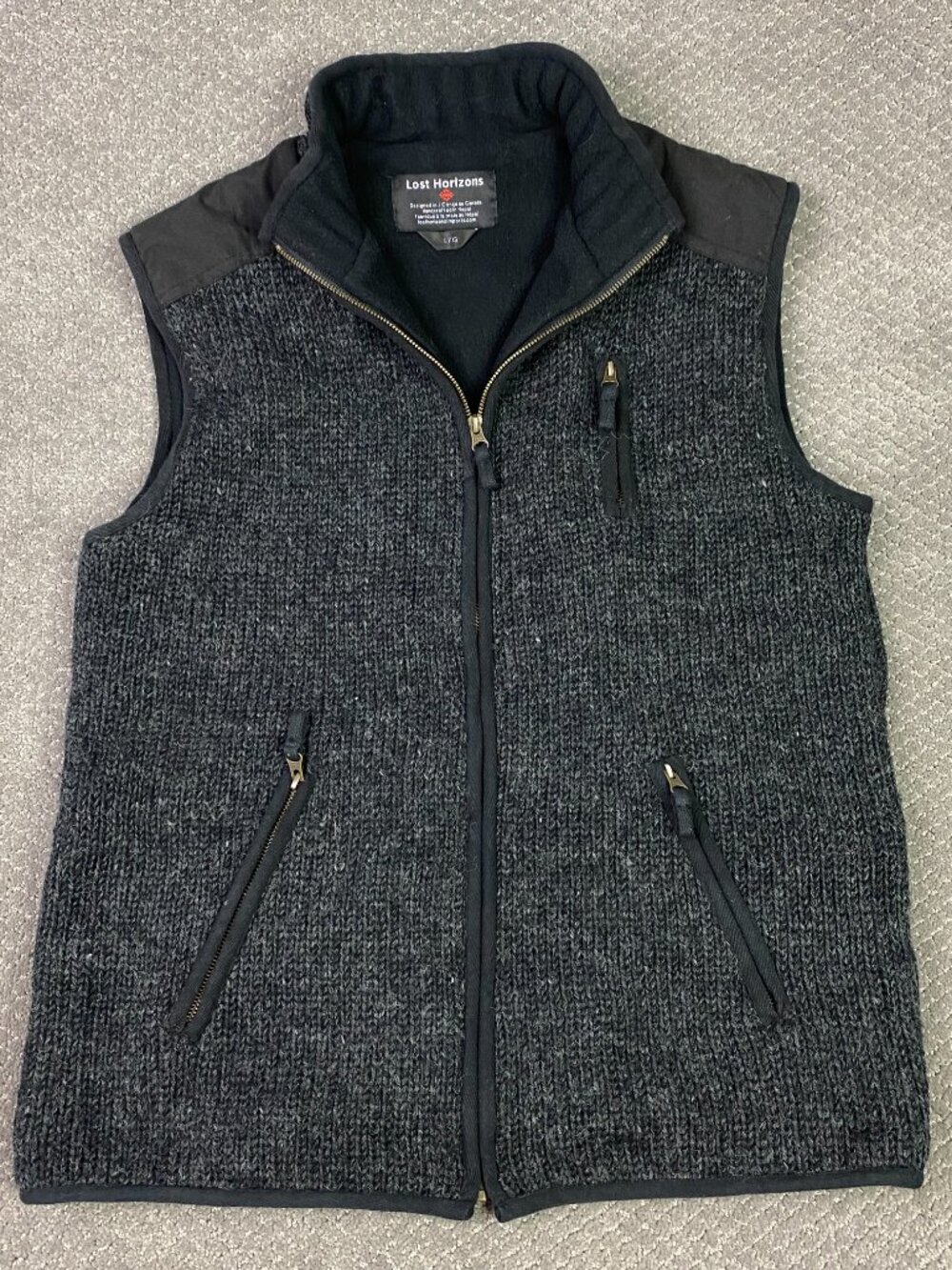 Lost Horizons Vest Mens Large Charcoal Gray 100% Wool Full Zip Nepal Sweater